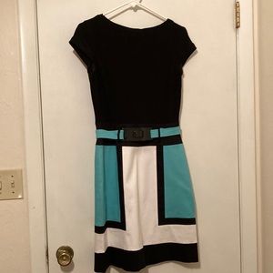 Teal, black and white Chetta b dress with graphic panels and belt